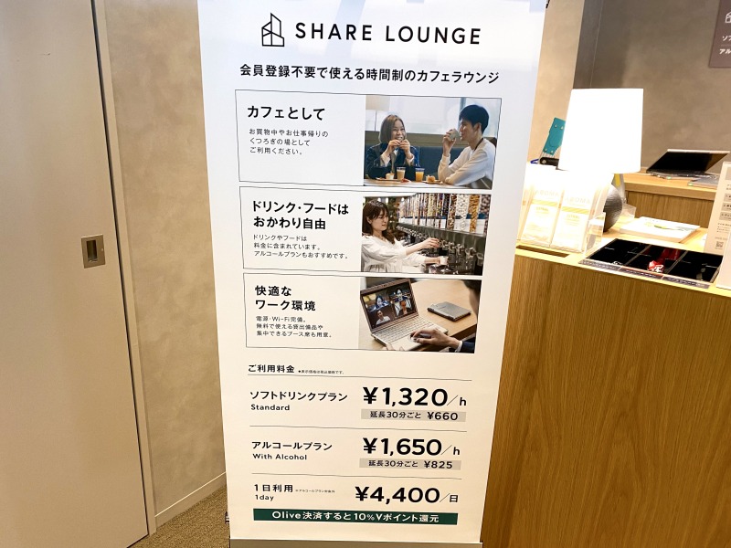 SHARE LOUNGE Olive LOUNGE 都立大学駅前の料金表